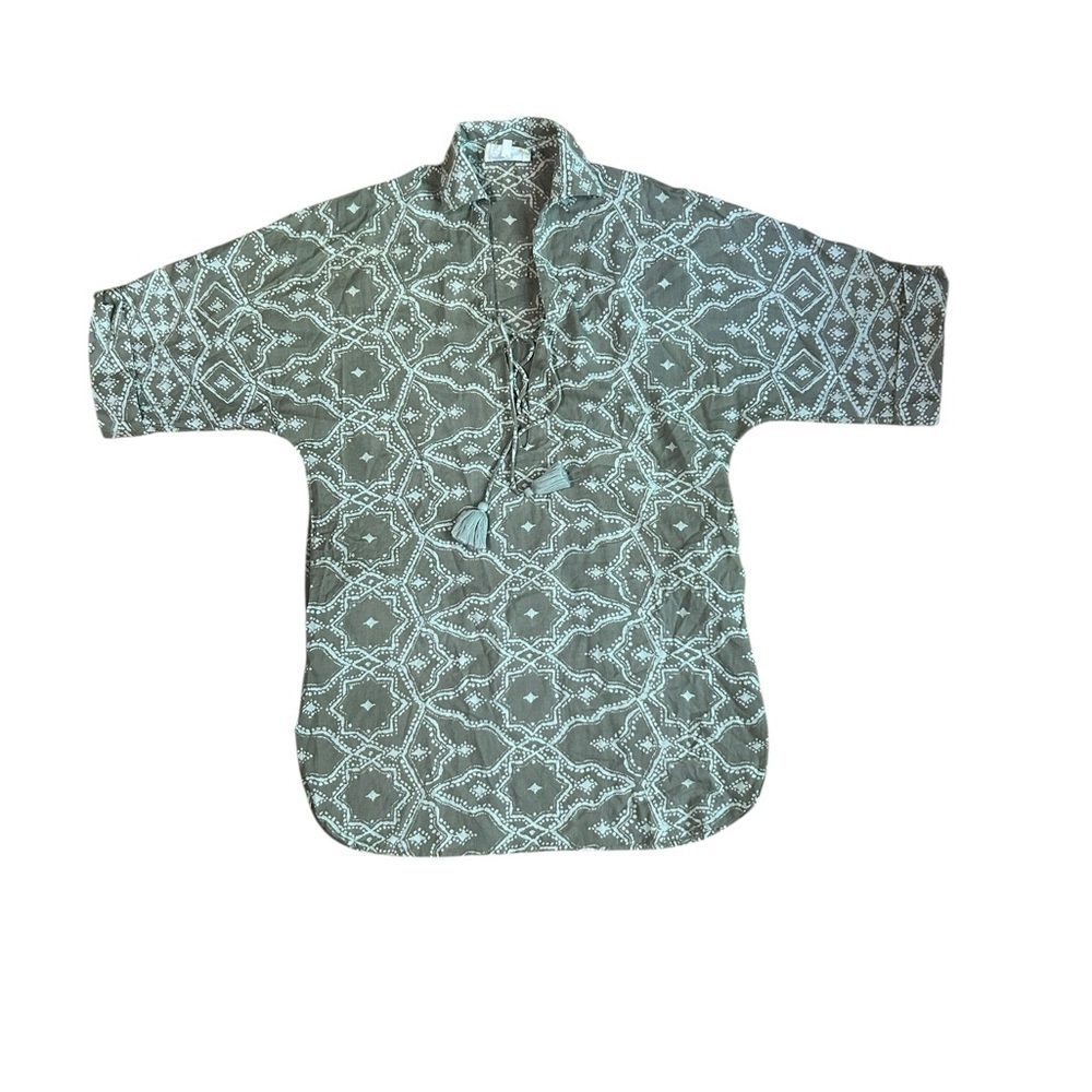 Omika Women Olive Green Geometric‎ Cotton Linen Lace Up Tassel Tunic Top XS S